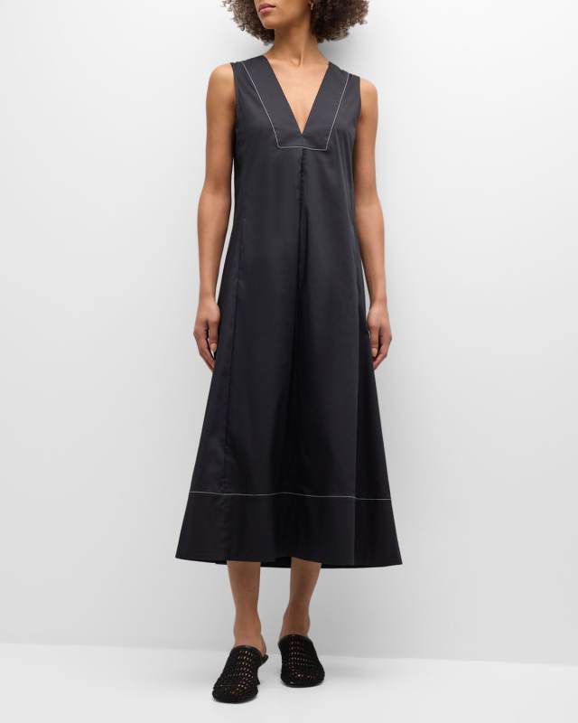 Mar Sleeveless Topstitched Poplin Midi Dress