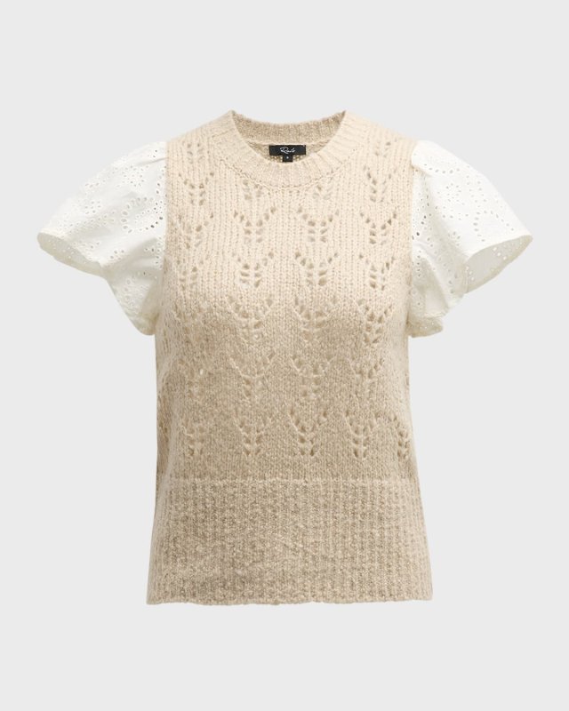 Everly Pointelle Knit Flutter-Sleeve Sweater