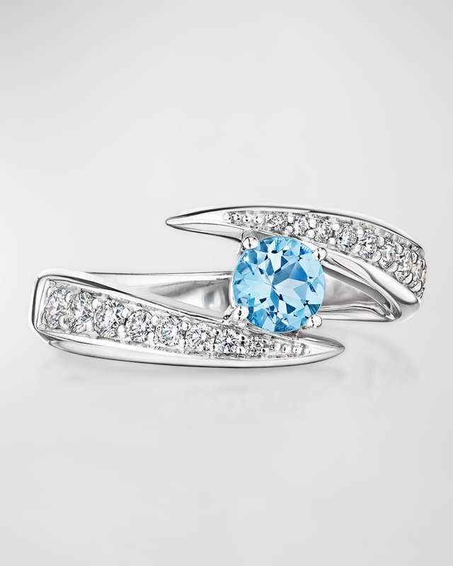 18K Tribal White Gold Ring with VS-GH Diamonds and Aquarmarine