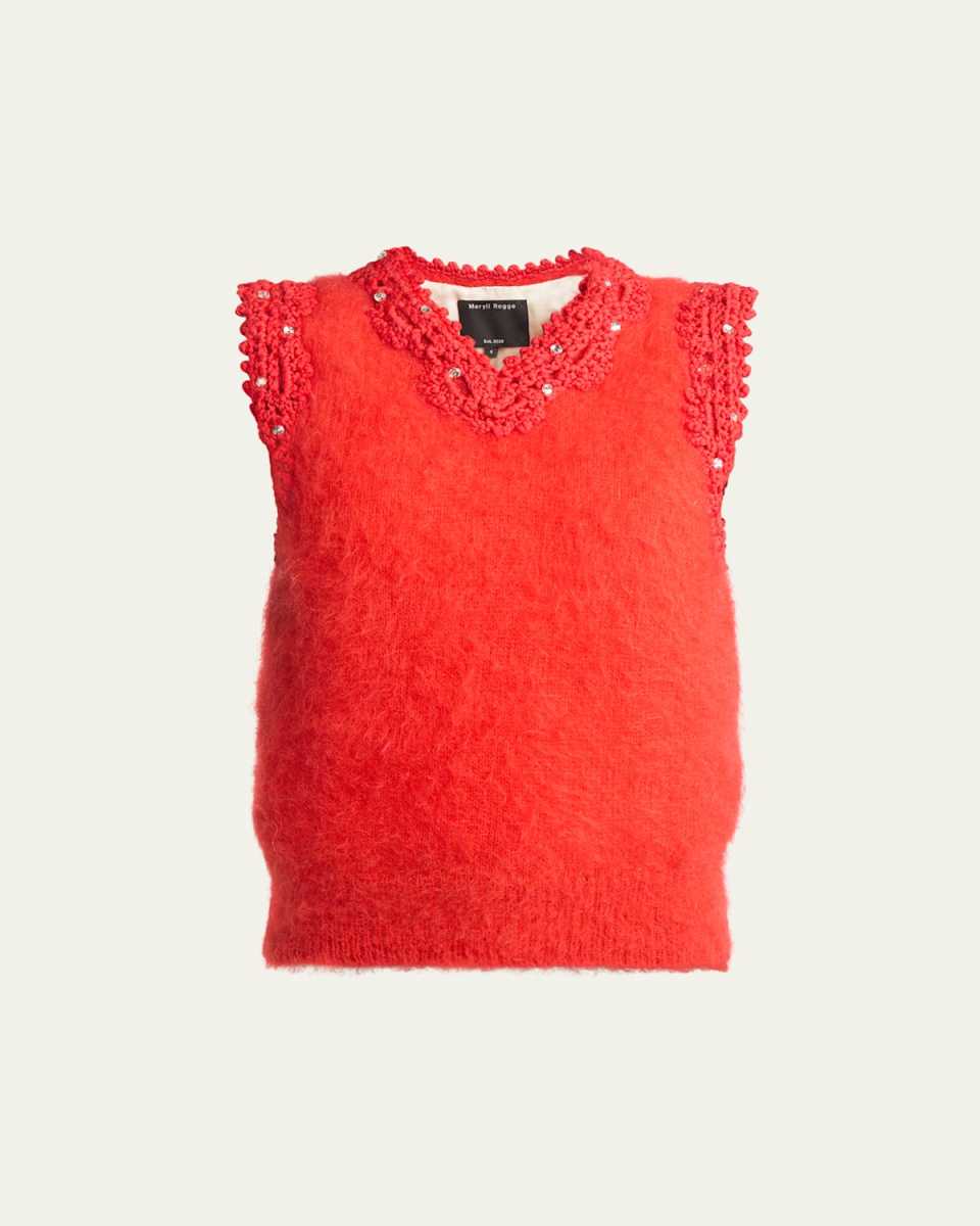 Mohair-Blend Vest with Rhinestone Crochet Trim