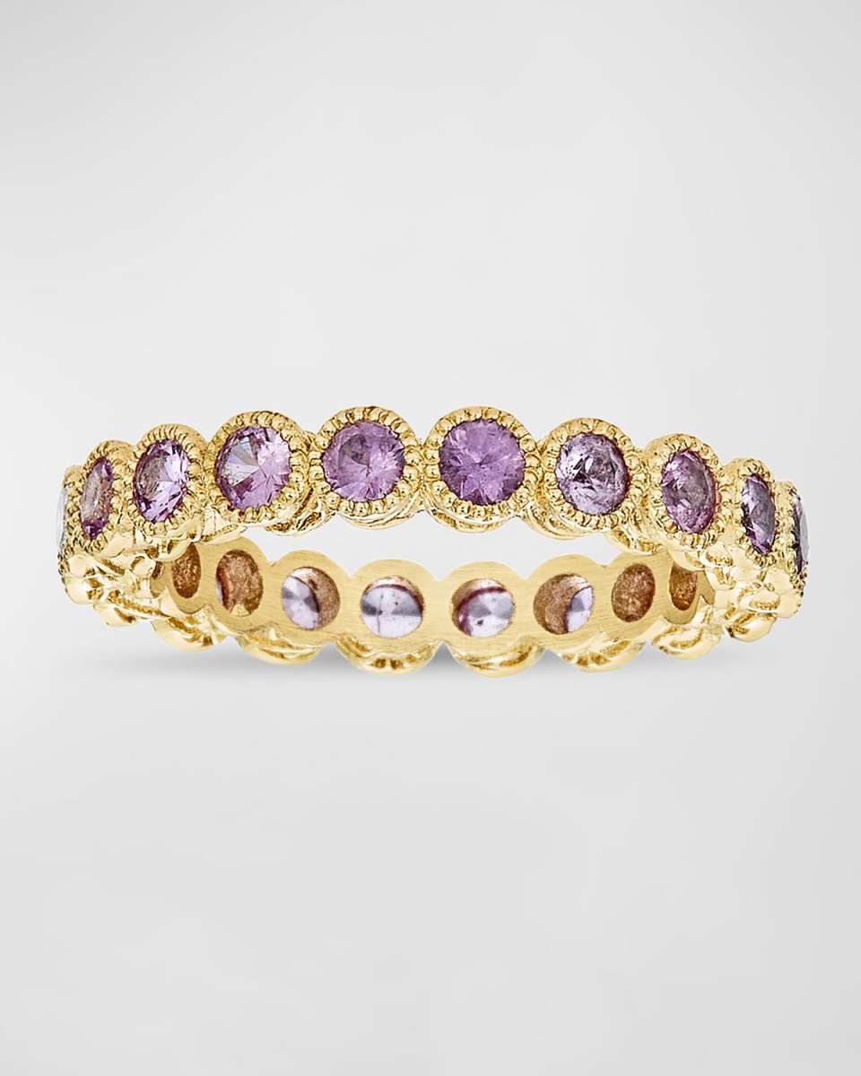 18K Yellow Gold Modern Etruscan Pink Sapphire Stack Ring, Size 6.5