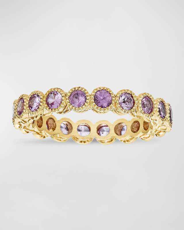 18K Yellow Gold Modern Etruscan Pink Sapphire Stack Ring, Size 6.5