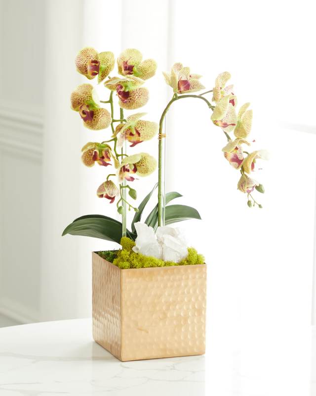 Double Orchid Faux Florals in Gold Hammered Metal Container with Quartz - 22"