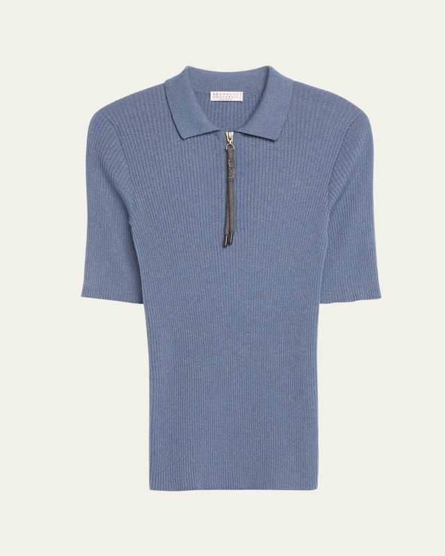 Ribbed Cashmere-Blend Polo Top with Monili Pu