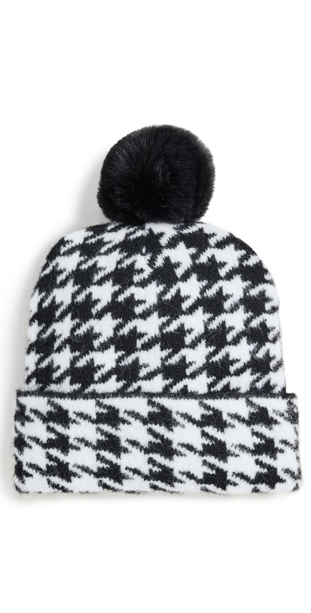 Jocelyn Houndstooth Knit Hat with Pom Black/White