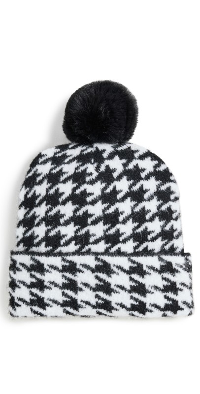Jocelyn Houndstooth Knit Hat with Pom Black/White