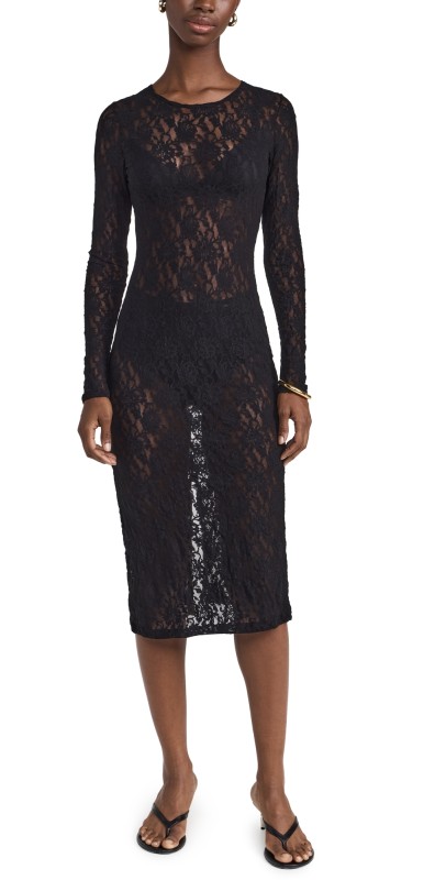 Hanky Panky Signature Lace Long Sleeve Midi Dress Black