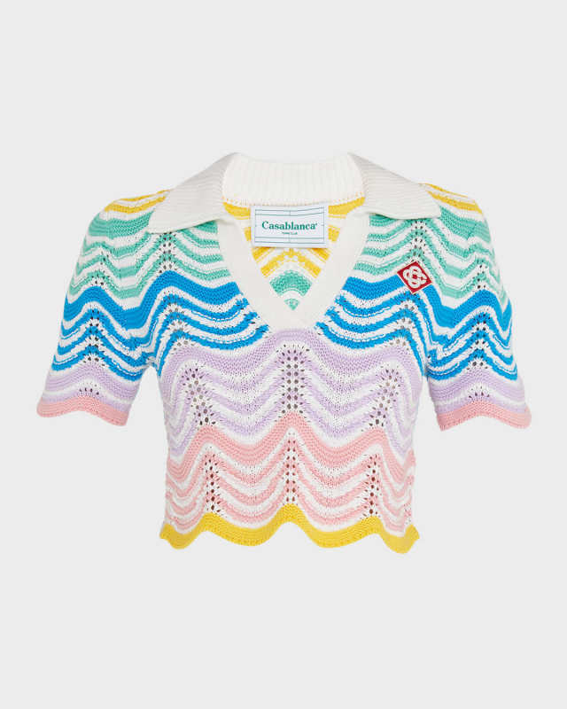 Wave Crochet Short-Sleeve Crop Polo Top
