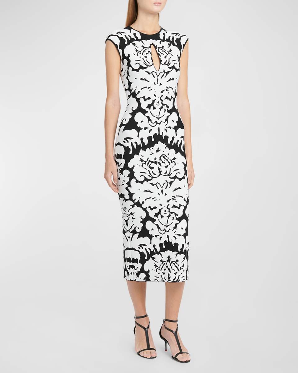 Damask Print Knit Midi Dress