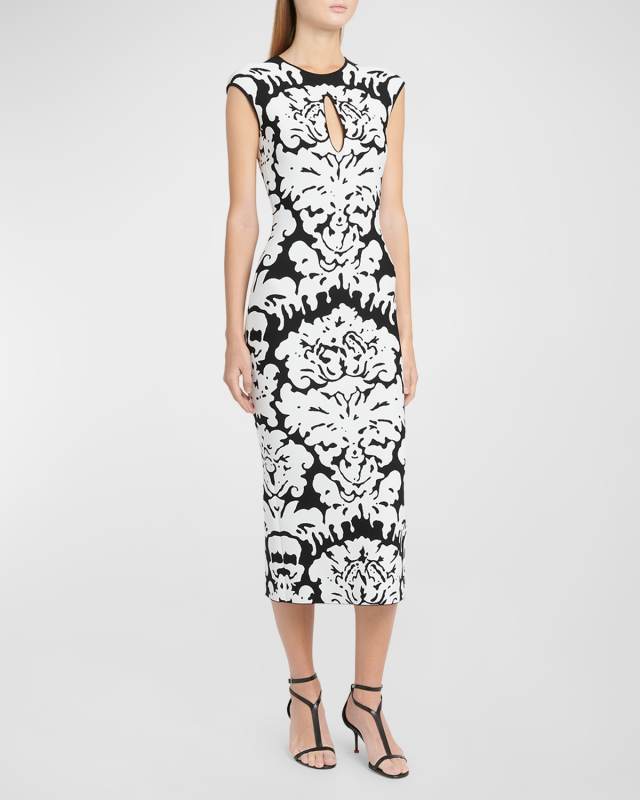 Damask Print Knit Midi Dress