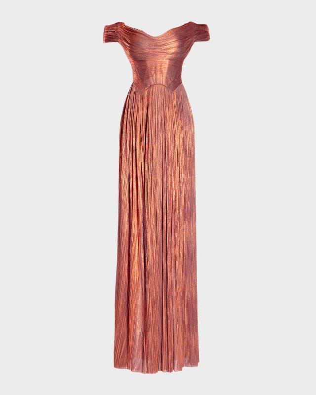 Sharon Off-The-Shoulder Metallic Silk Plisse Gown