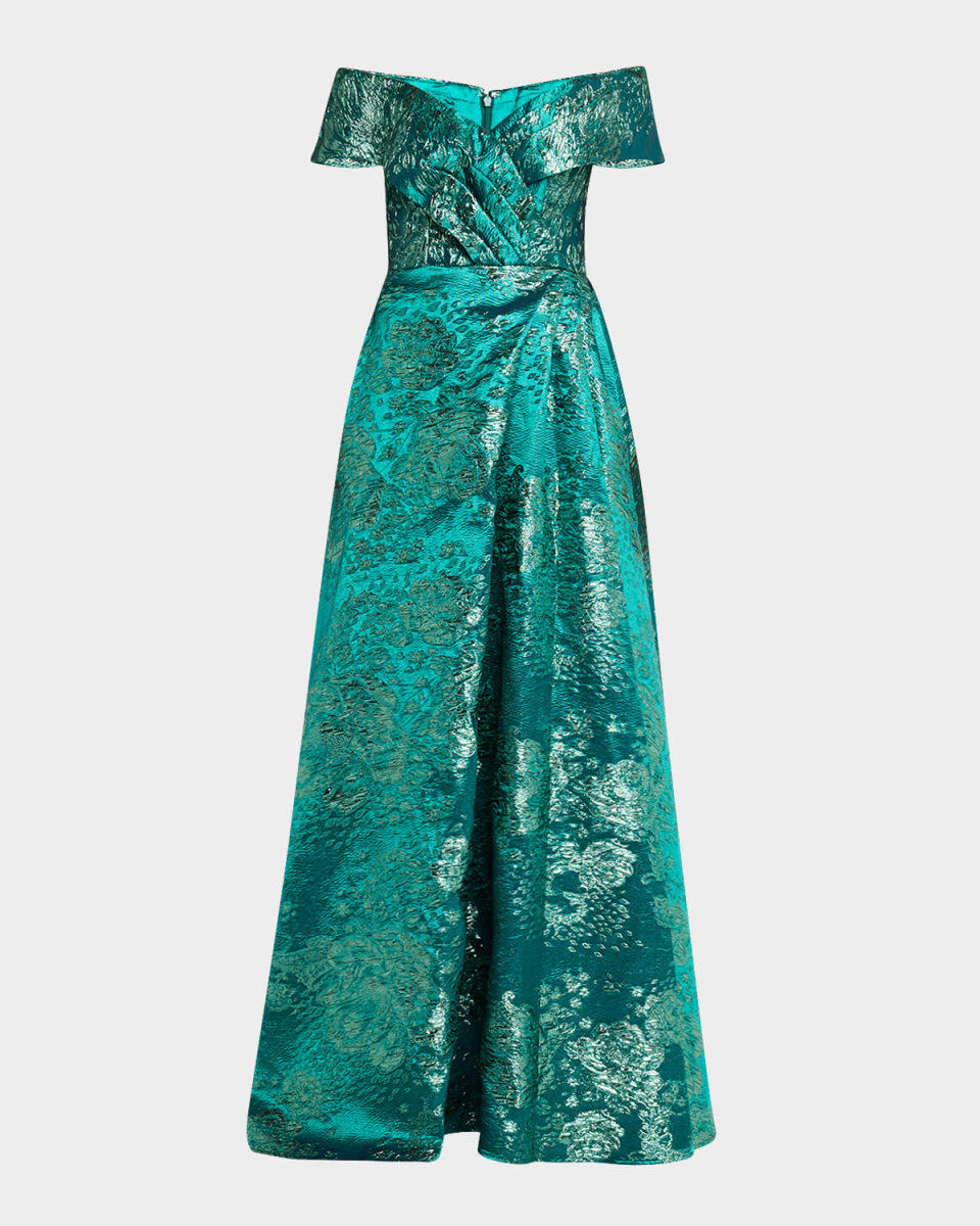 Pleated Off-Shoulder Jacquard Gown
