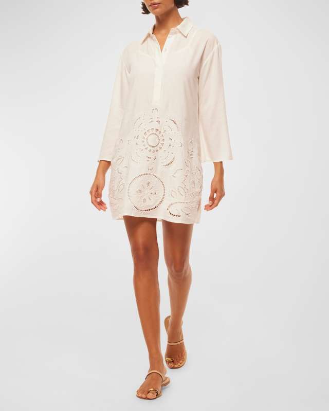 Matias Bell-Sleeve Embroidered Cutwork Mini Shirtdress