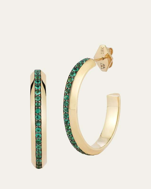 18K Yellow Gold and Green Emerald Knife Edge Hoop Earrings