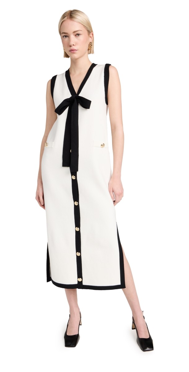 English Factory Knit Midi Dress With Ribbon Tie Cream/Black