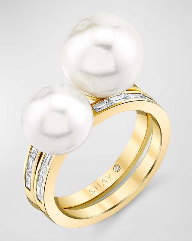 18K Yellow Gold Pearl and Baguette Diamond Rings, Set of 2