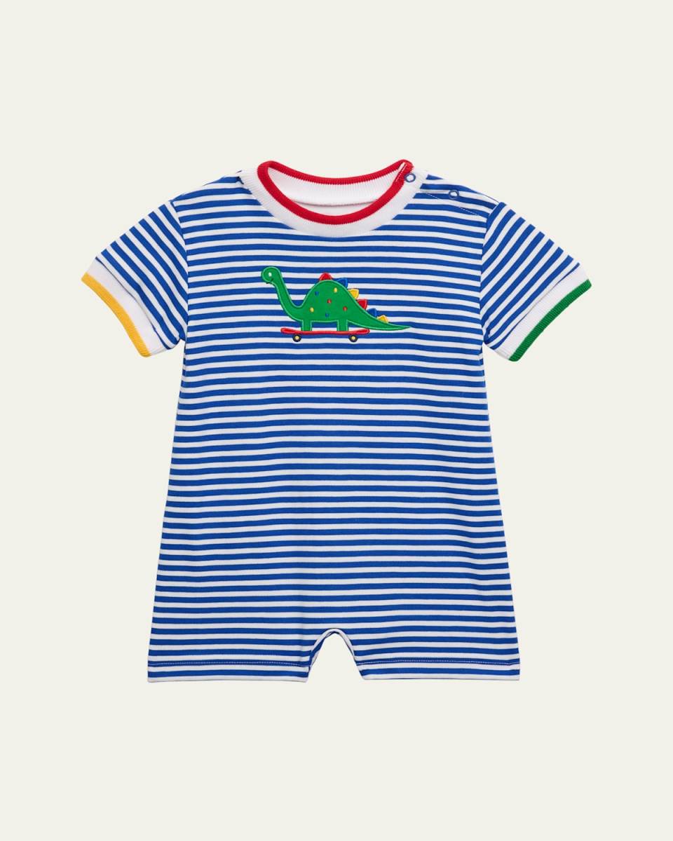 Boy's Dino Embroidered Stripe Knit Shortall, Size 3M-24