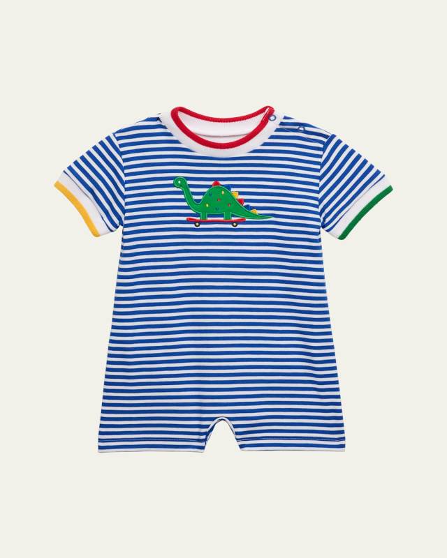 Boy's Dino Embroidered Stripe Knit Shortall, Size 3M-24