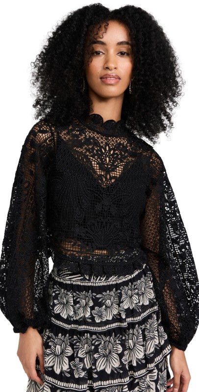 FARM Rio Black Guipure Longleeve Blouse Black