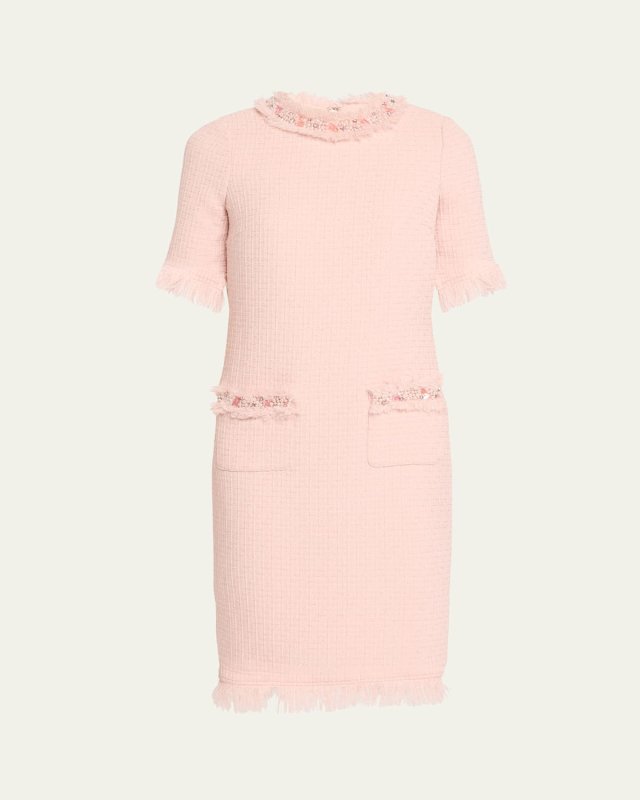 Beaded Fringe-Trim Boucle Midi Dress