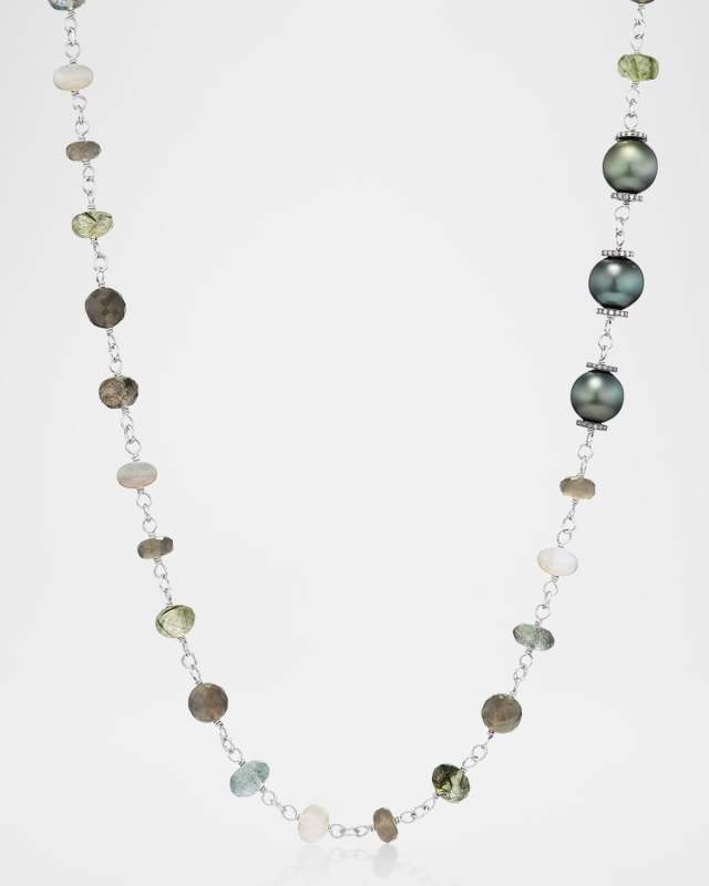 Grey/Green Mix Moonstone Bead Necklace with Diamonds
