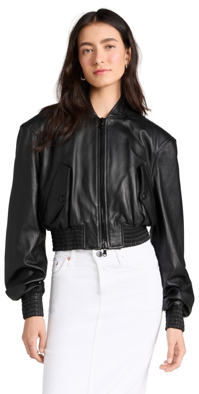 WARDROBE. NYC Leather Tailored Crop Bomber Black
