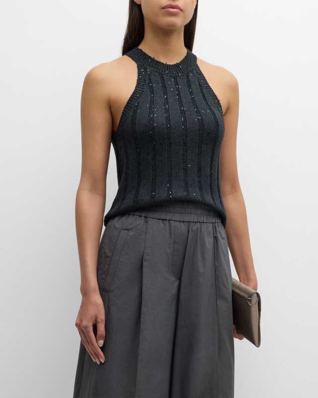 Paillette Ribbed Cut-In Shoulder Tank Top