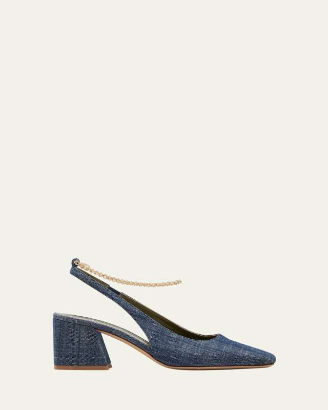 Ilaria Denim Ankle-Chain Slingback Pumps