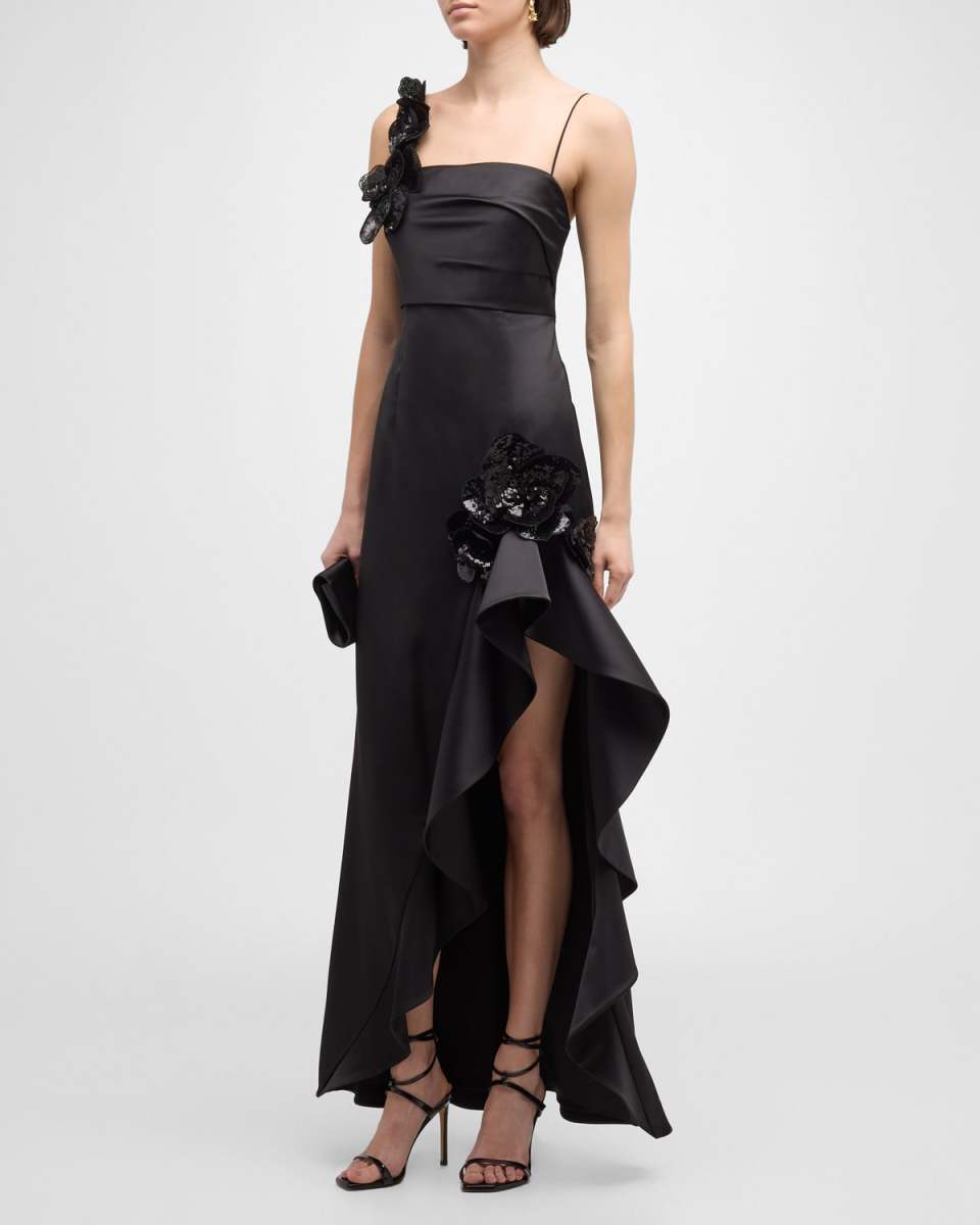Side-Slit Sequin Flower-Embellished Gown