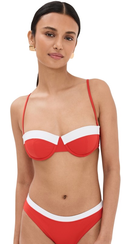 STAUD Jo Balconette Bikini Top Red/White