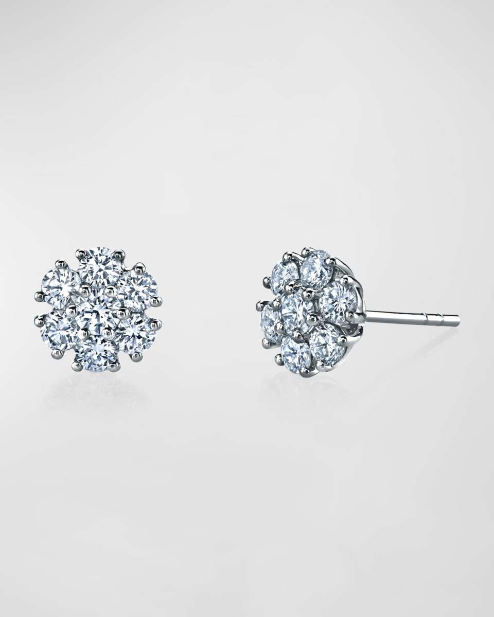 18K Gold Round Diamond Flower Stud Earrings, 1tcw, 0.31"L / 0.31"W