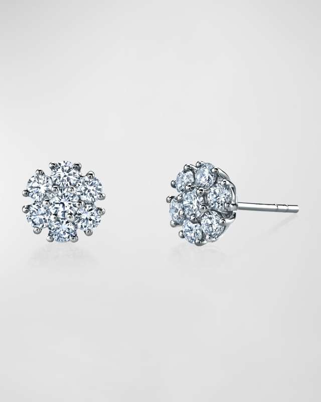 18K Gold Round Diamond Flower Stud Earrings, 1tcw, 0.31"L / 0.31"W