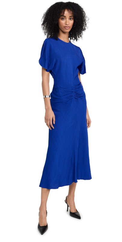 Victoria Beckham Gathered Waist Midi Dress Palace Blue