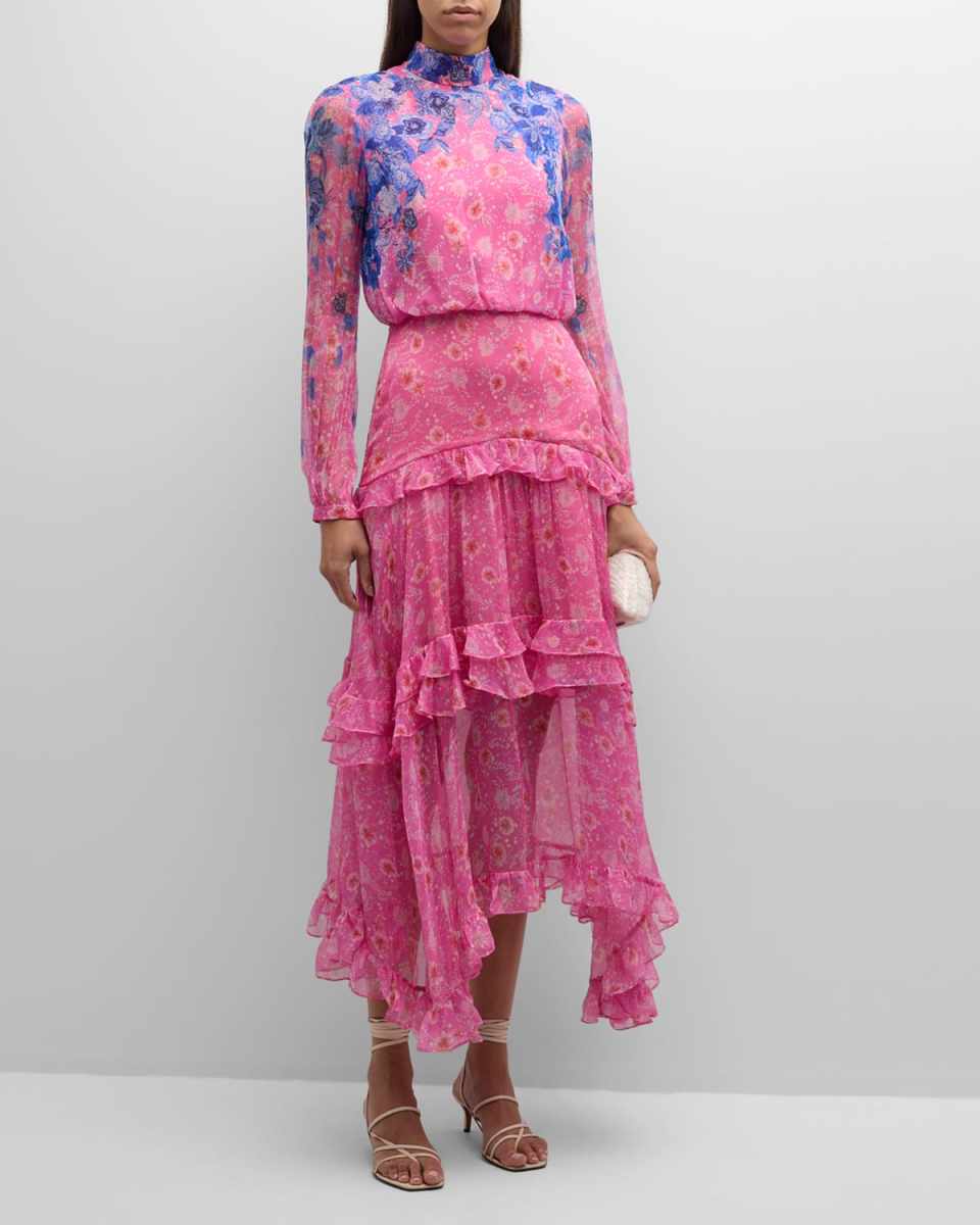 Jolie-C Floral Silk Tiered-Ruffle Midi Dress