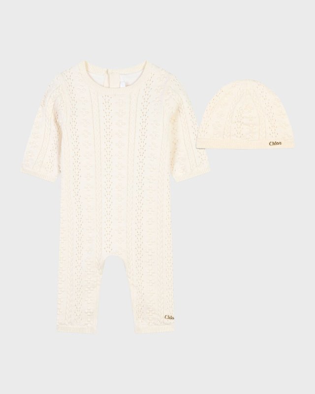 Girl's Knitted Coverall & Hat W/ Gold Plated Logo, Size 6M-