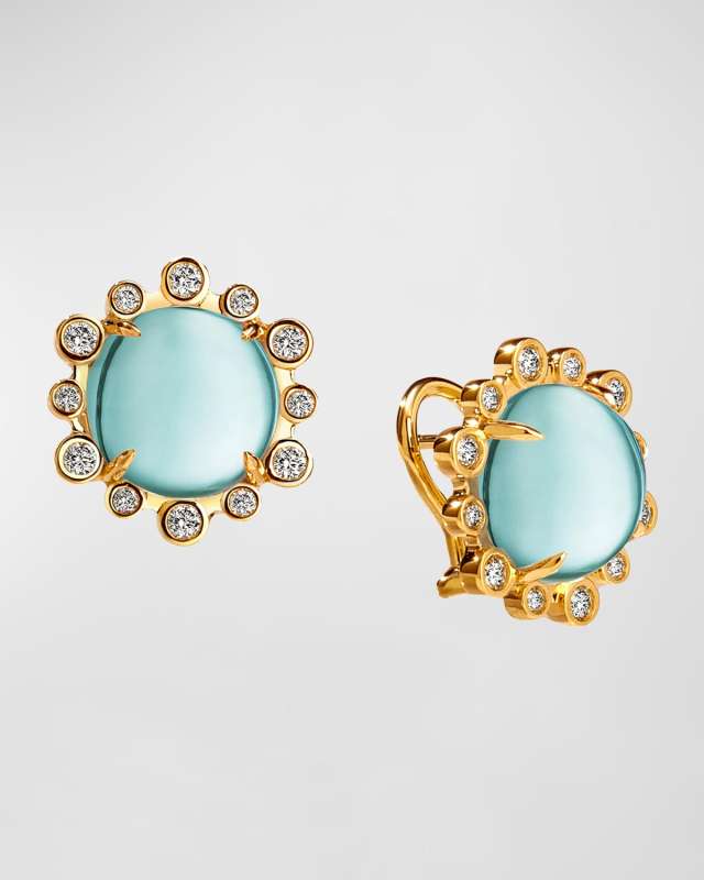 18K Yellow Gold Mogul Hex Omega Clip Earrings with Cabochon and Champagne Diamonds