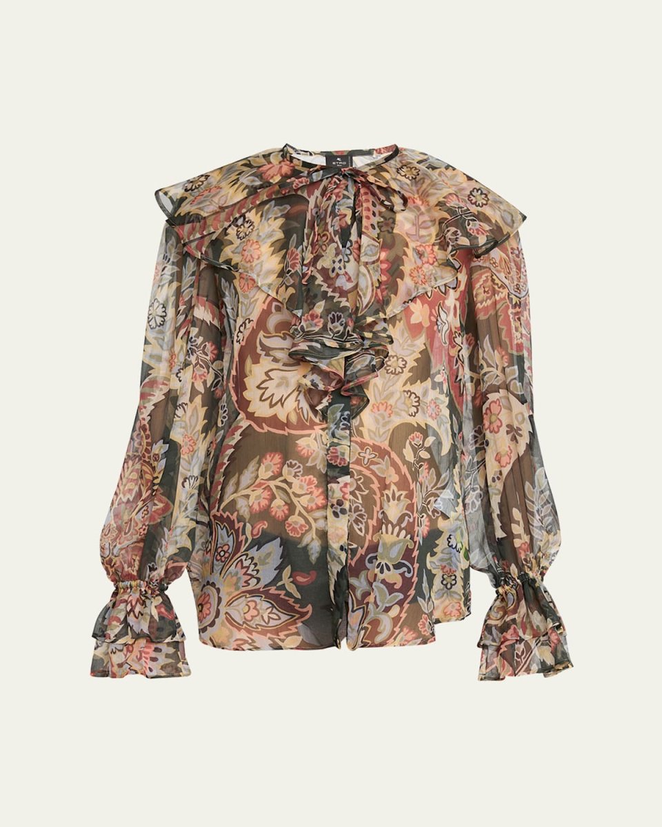 Printed Ruffle Button Down Silk Blouse