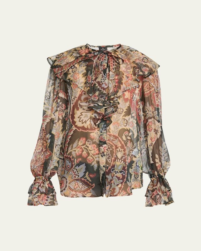 Printed Ruffle Button Down Silk Blouse