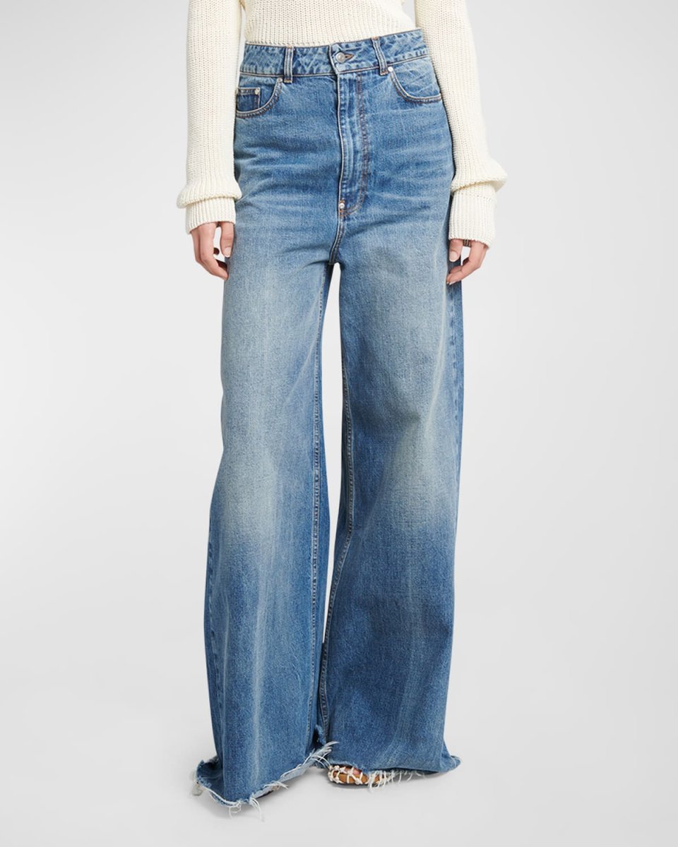 Mid-Rise Medium Wash Wide-Leg Raw-Hem Jeans