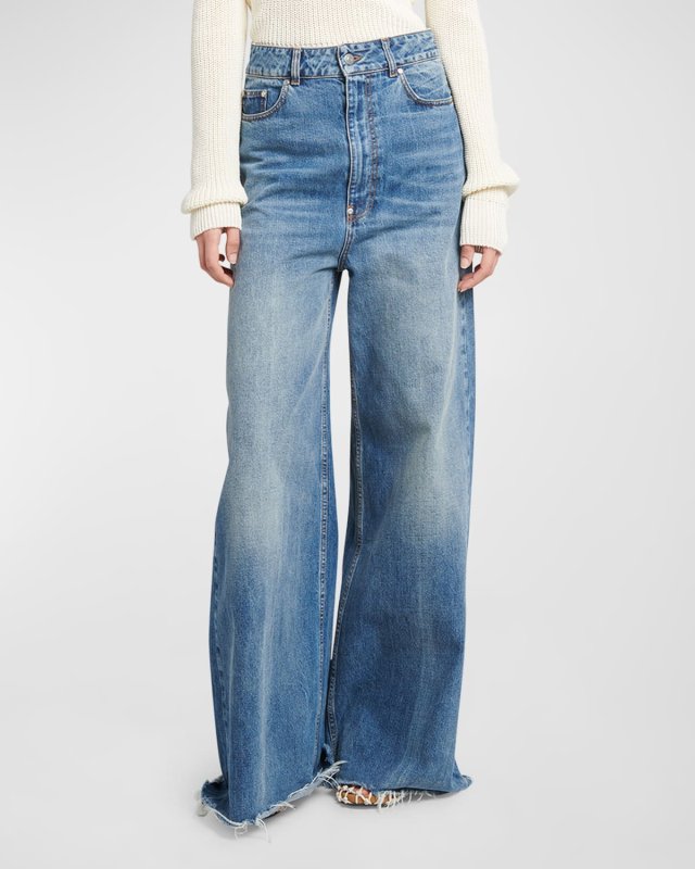 Mid-Rise Medium Wash Wide-Leg Raw-Hem Jeans
