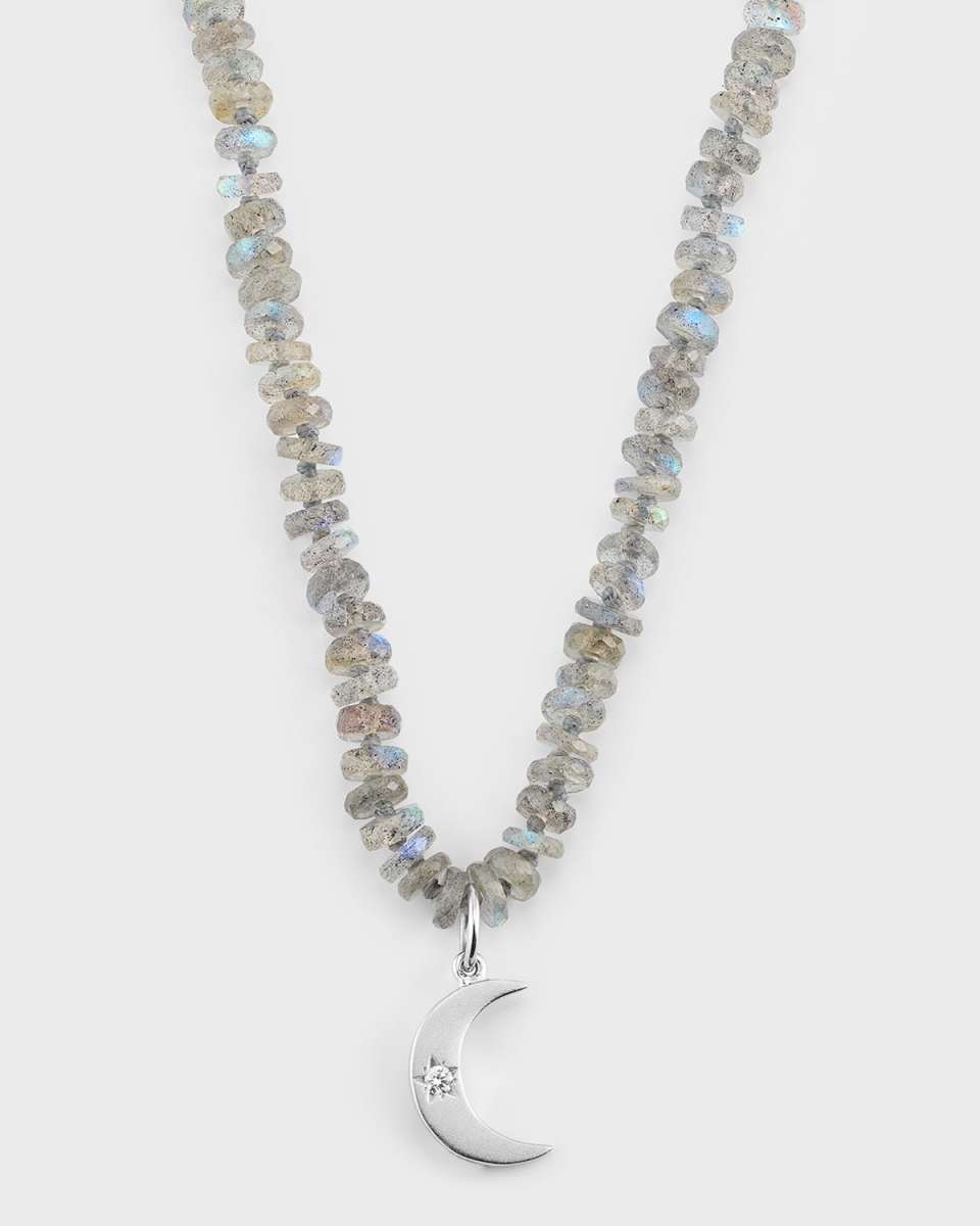 14K White Gold Labradorite Tire Beaded Crescent Pendant Necklace