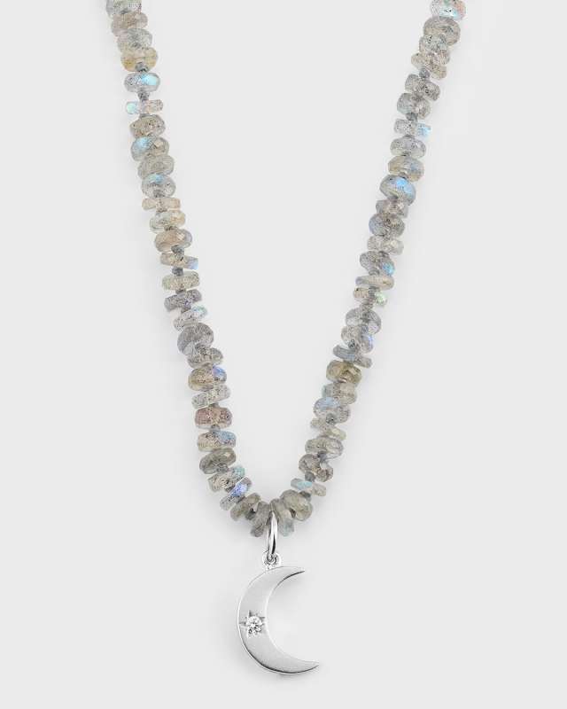 14K White Gold Labradorite Tire Beaded Crescent Pendant Necklace