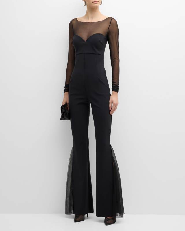 Boat-Neck Illusion Flare-Leg Jumpsuit