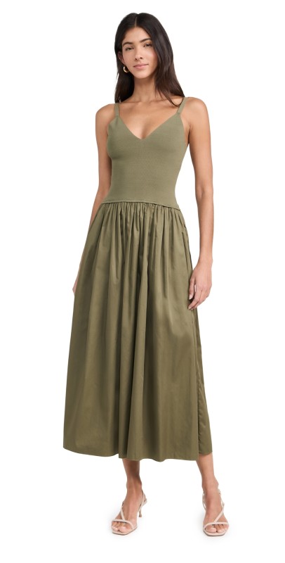 La Ligne Knit Combo Dress with Poplin Skirt Khaki Green