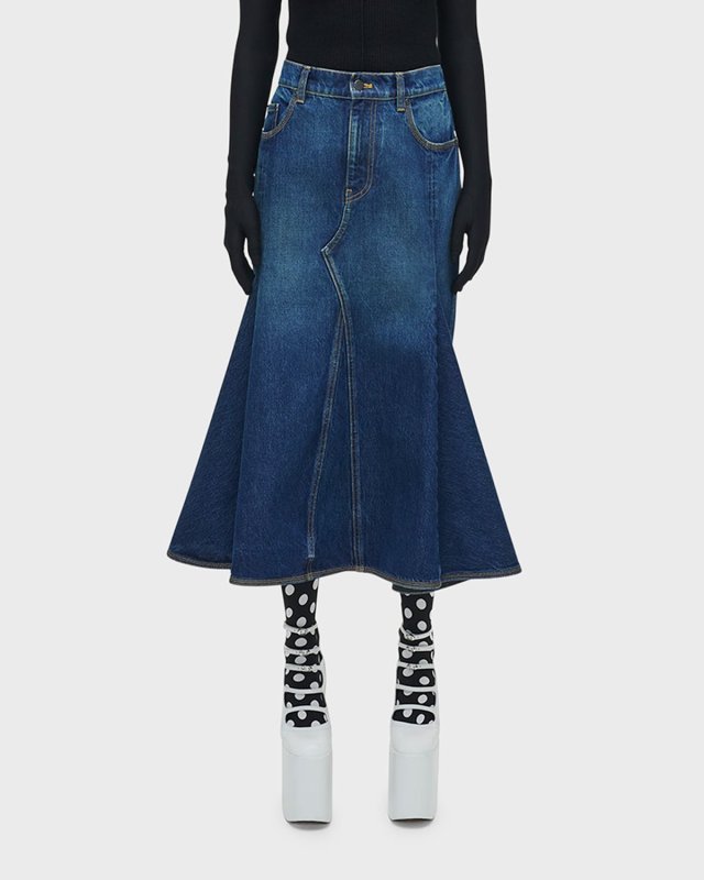 Paneled Denim Midi Skirt with Pleating