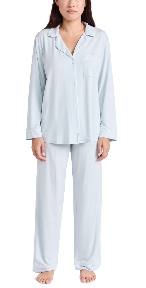 Eberjey Gisele Modal Long PJ Set Ice Blue/ Ivory