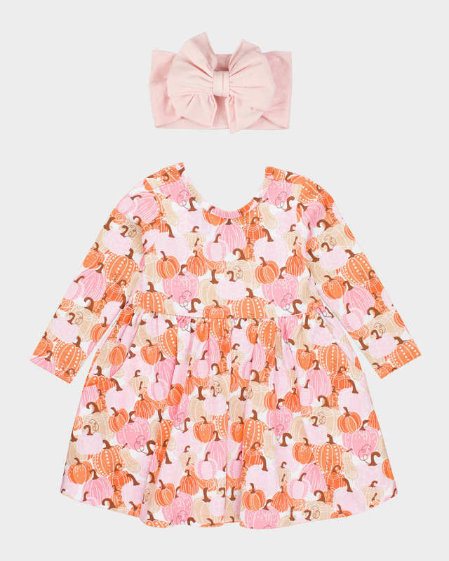 Girl's Pumpkin-Print Dress & Headband Set, Size 12M-10