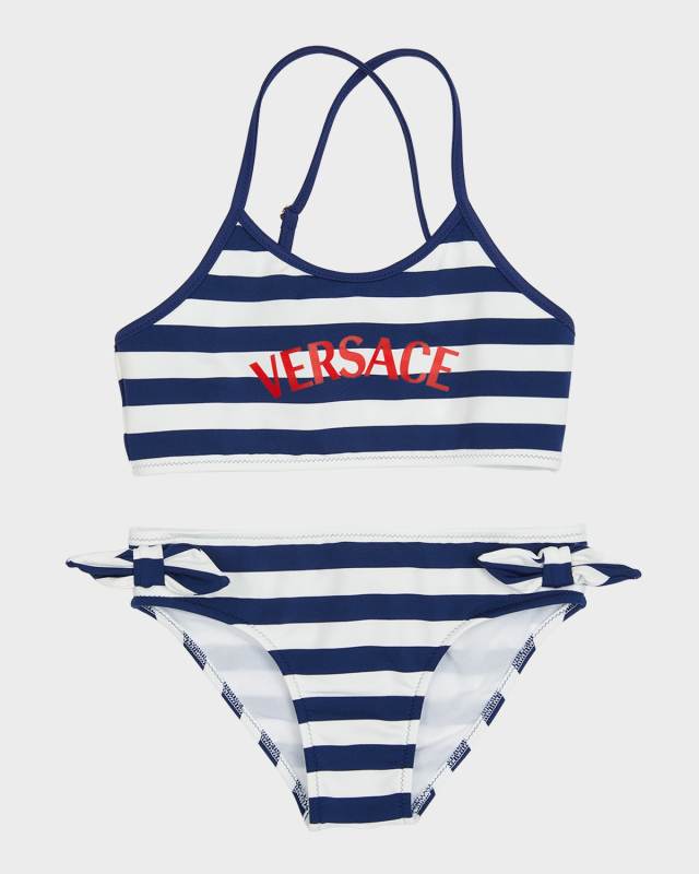 Girl's Striped Logo-Print Two-Piece Swimsuit, Size 8-14