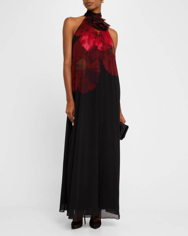 Floral-Print Halter Trapeze Gown