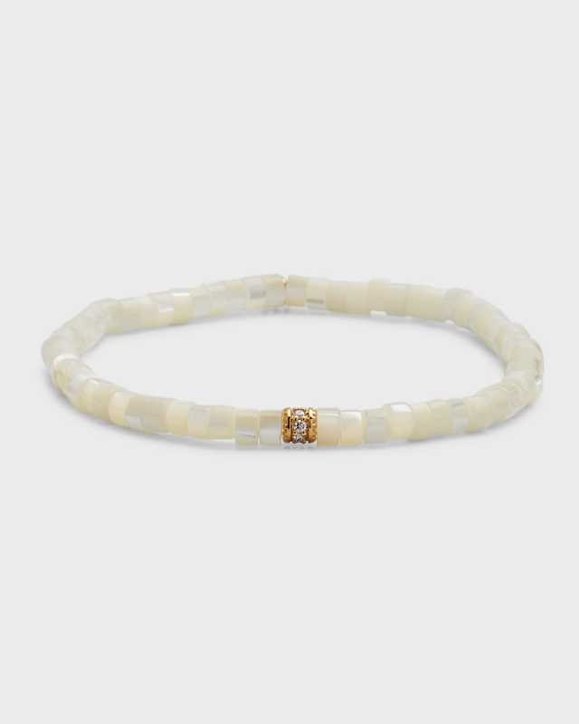 14K Yellow Gold Scallop Edge Pave Rondelle and Mother-of-Pearl Bracelet